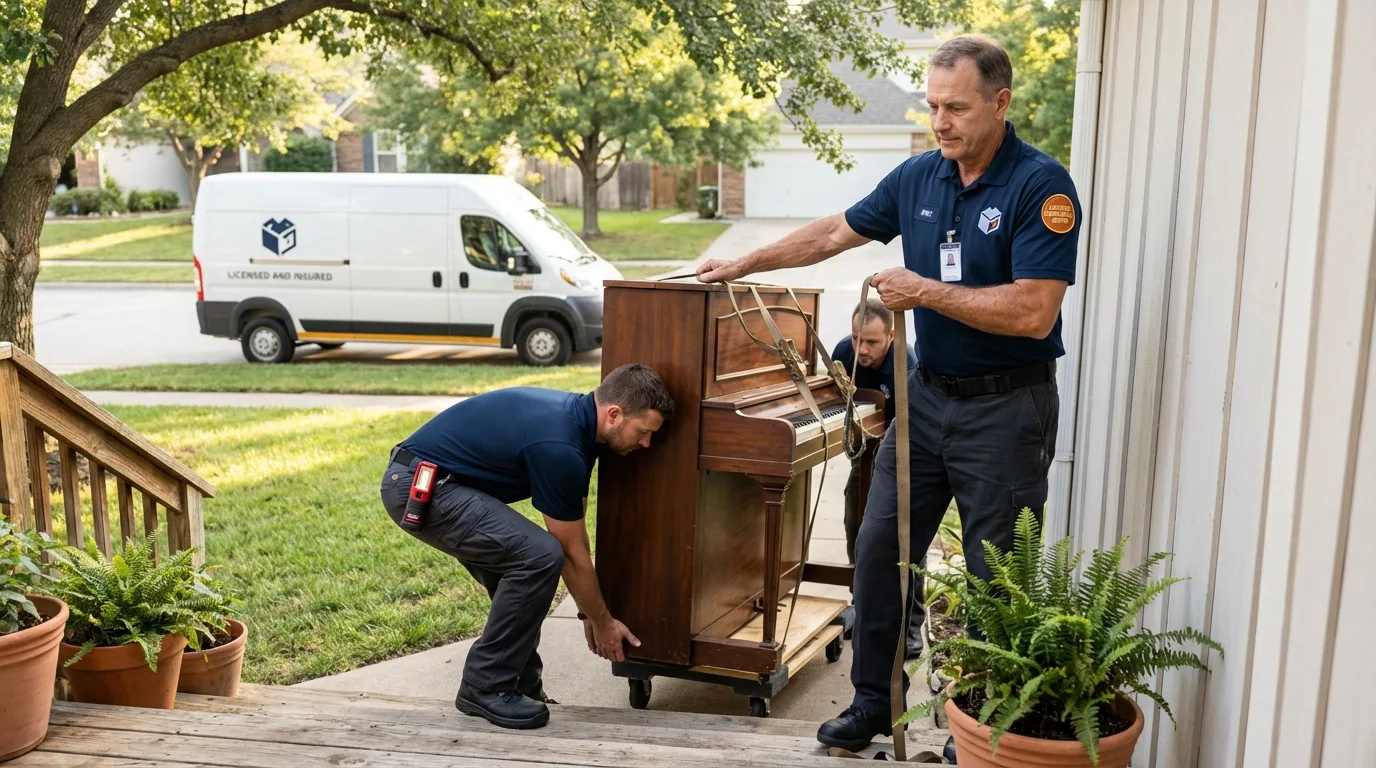 Licensed piano movers securing grand piano in Worden, IL