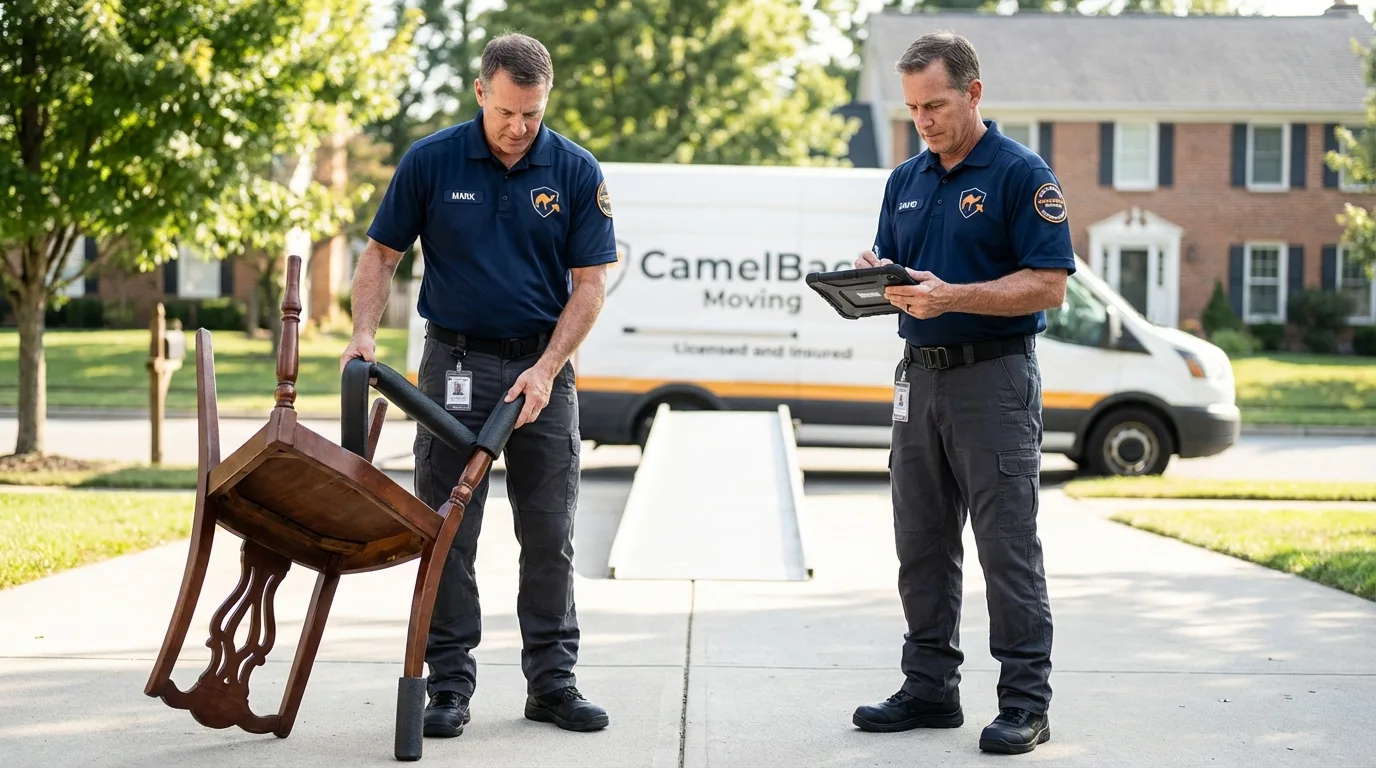 Movers inspecting furniture for damage prevention before loading in Worden, IL