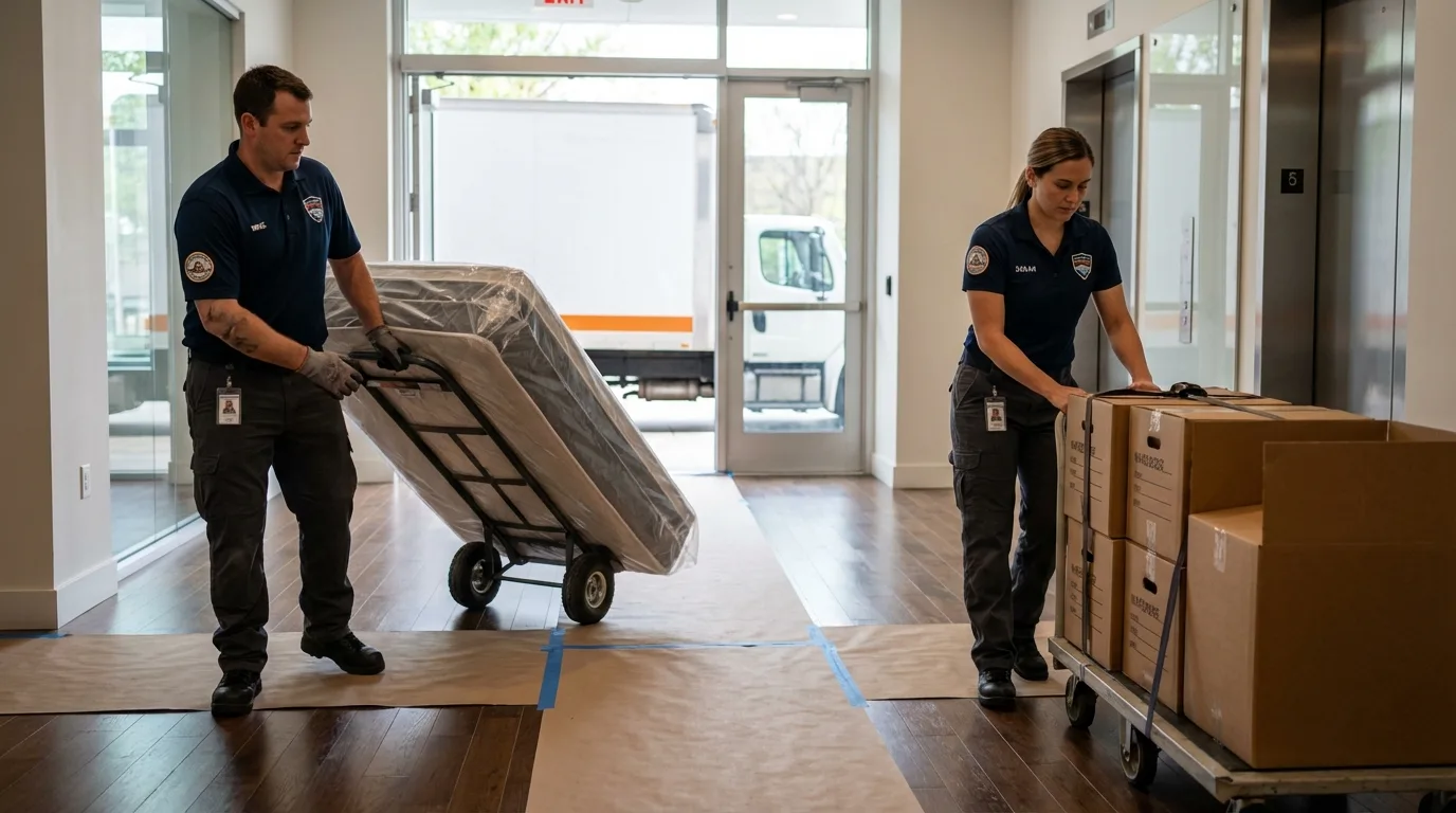 Professional apartment movers loading elevator in Worden, IL